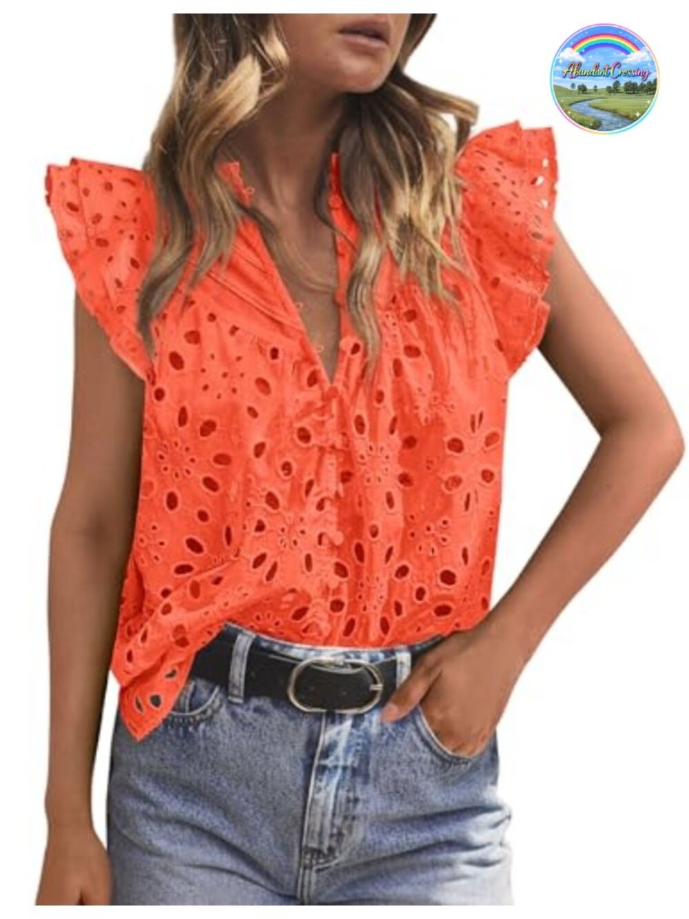 Eyelet V-Neck Summer Top Flutter Sleeve Blouse Dressy Casual